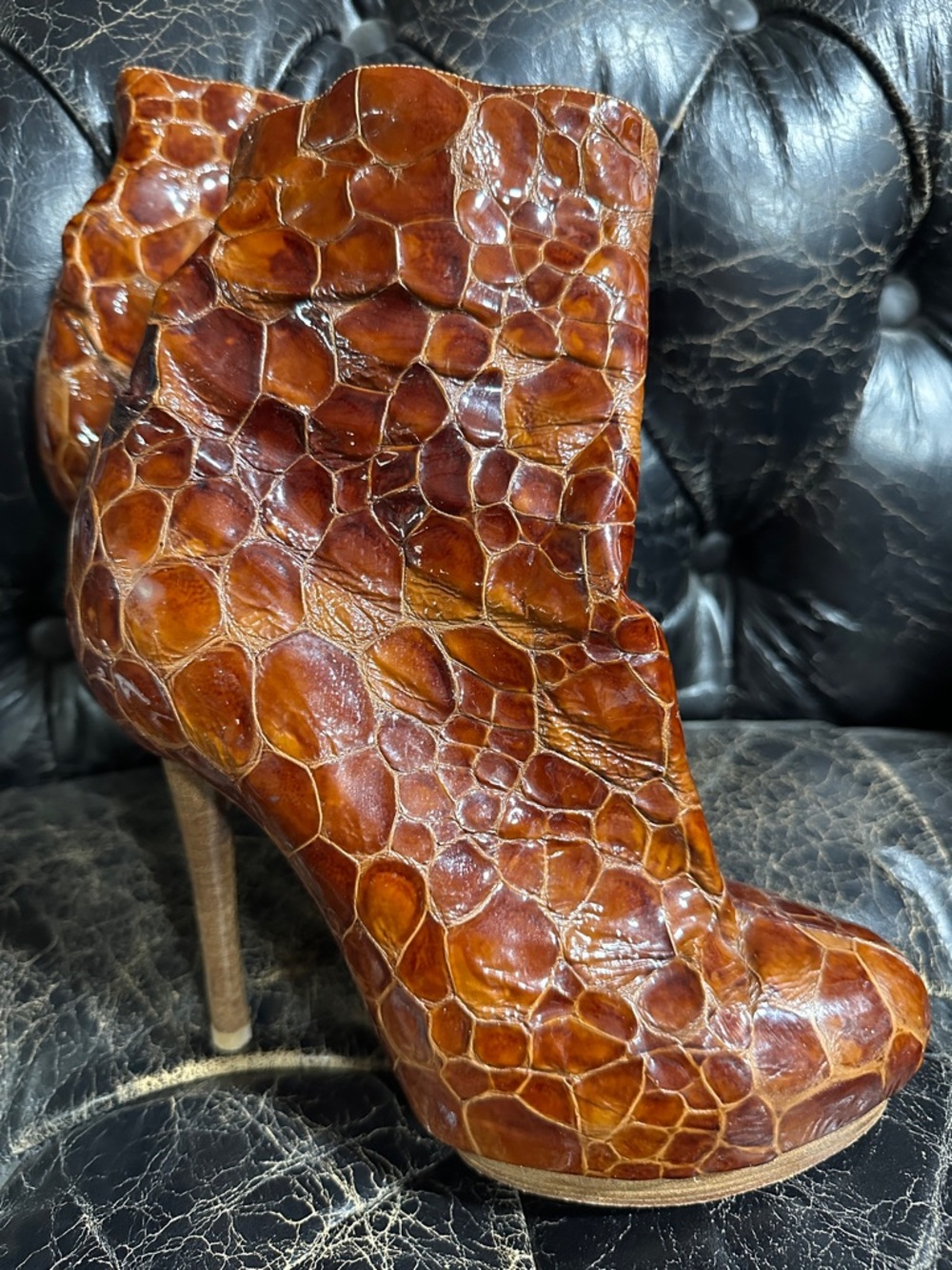XTC on Melrose Brown Croc Leather Platform Ankle Boots